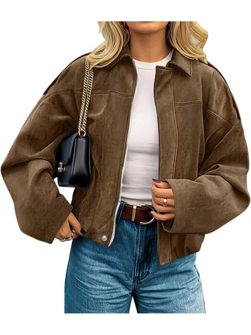 Women’s Brown Faux Suede Cropped Open Front Lapel Pocket Coat Bomber Jacket